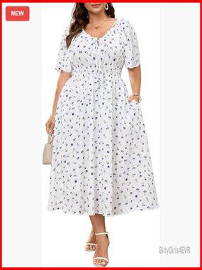 Plus Size Boho Maxi Dress Scoop Neck Tie Front Casual Flowy Midi